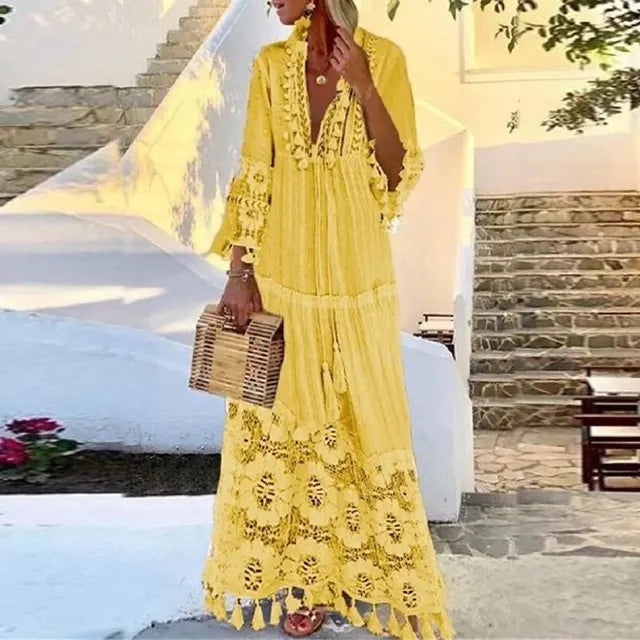 Lace and Fringe Boho Maxi Dress for Women