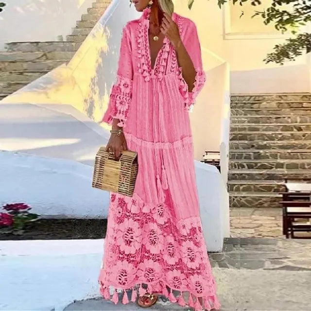 Lace and Fringe Boho Maxi Dress for Women