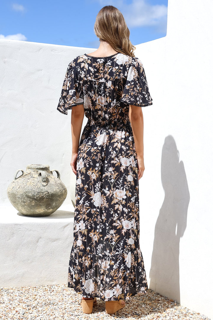 London Maxi Dress - Elasticated Waist Button Detail High Low Dress with... — gallery