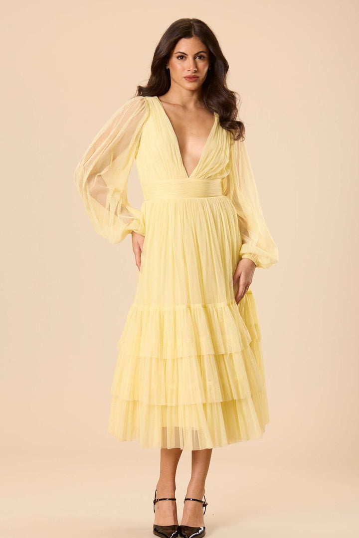 Madison Long Sleeve Tulle Midi Dress in Buttercup for Women