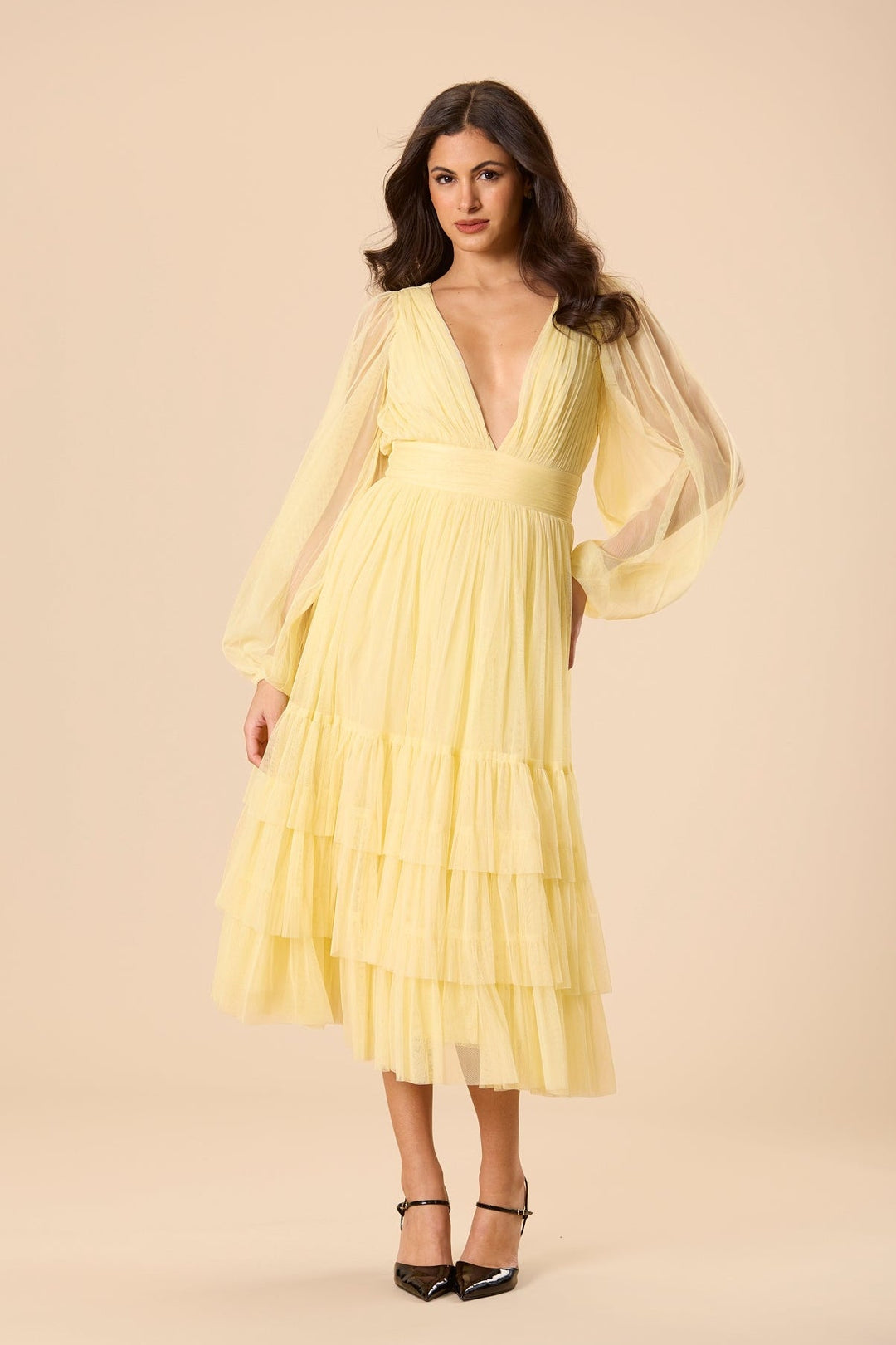 Madison Long Sleeve Tulle Midi Dress in Buttercup for Women - gallery