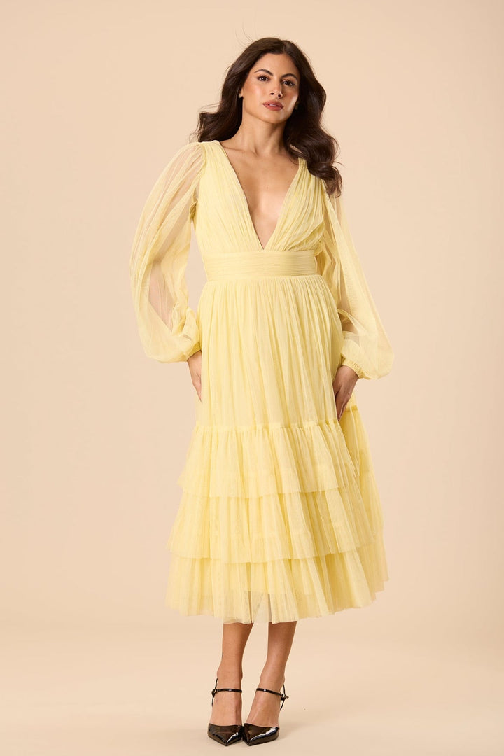 Madison Long Sleeve Tulle Midi Dress in Buttercup for Women - gallery