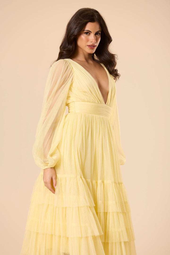 Madison Long Sleeve Tulle Midi Dress in Buttercup for Women - gallery