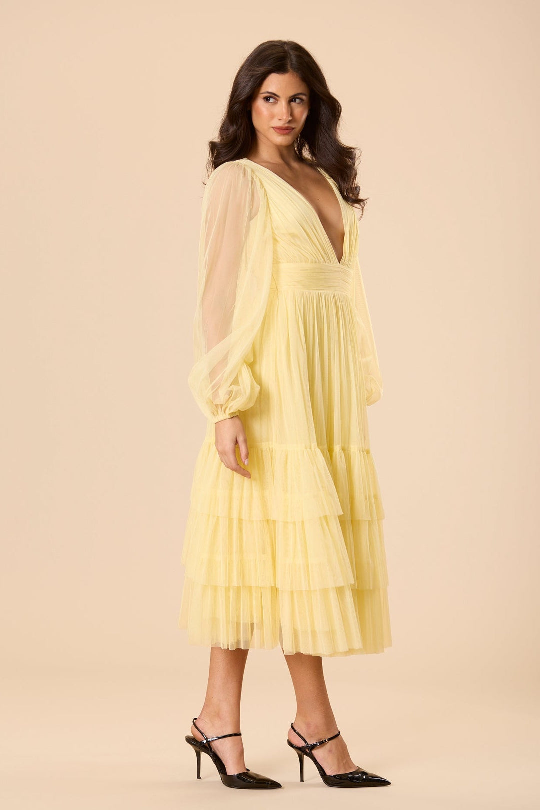 Madison Long Sleeve Tulle Midi Dress in Buttercup for Women - gallery
