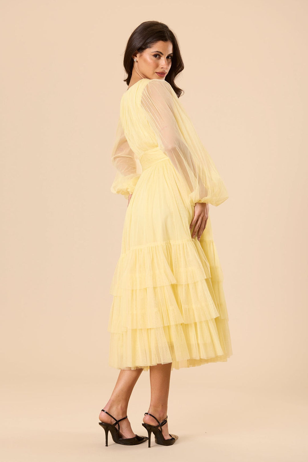 Madison Long Sleeve Tulle Midi Dress in Buttercup for Women - gallery