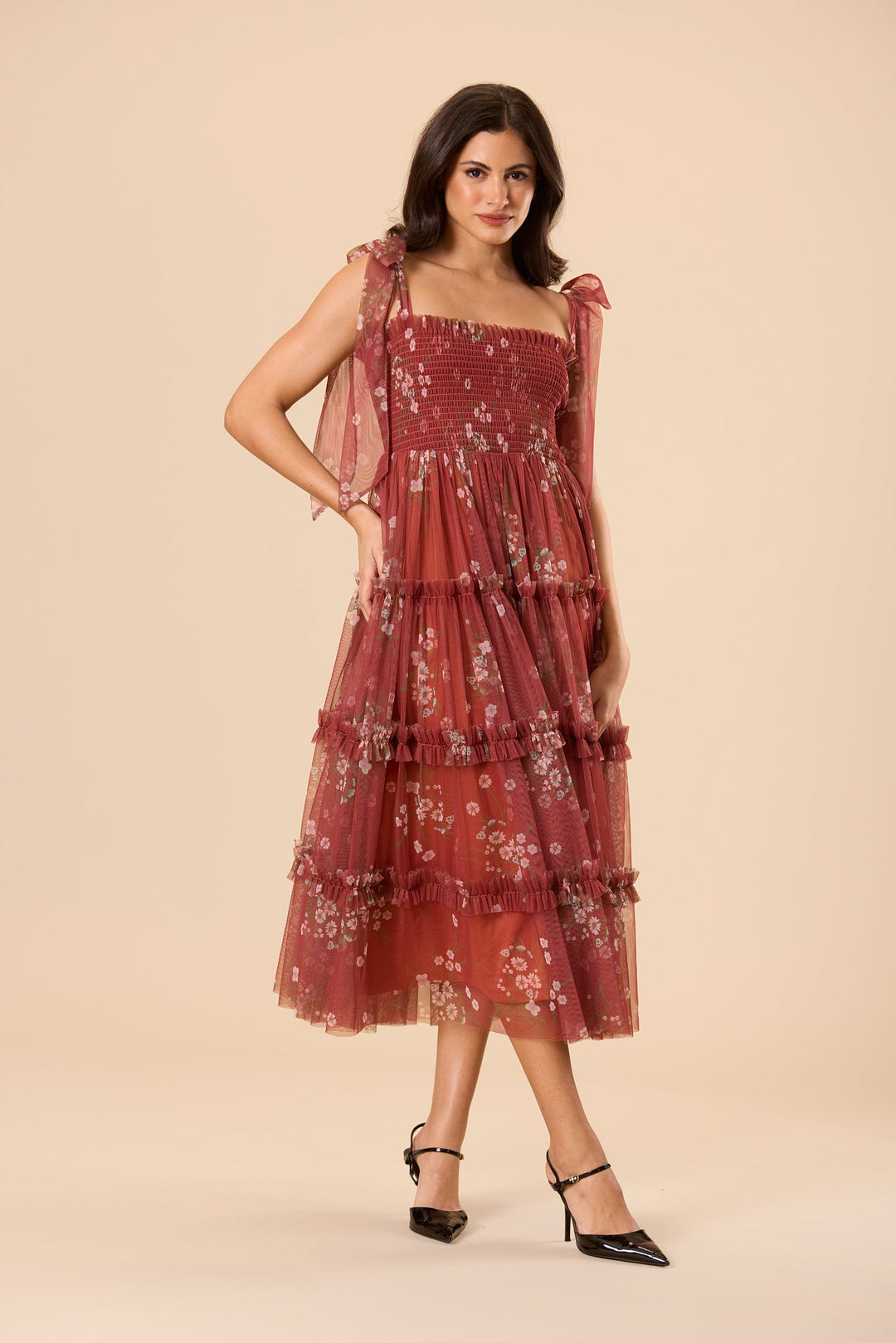 Louise Tulle Midi Dress in Brick Floral for Women - gallery