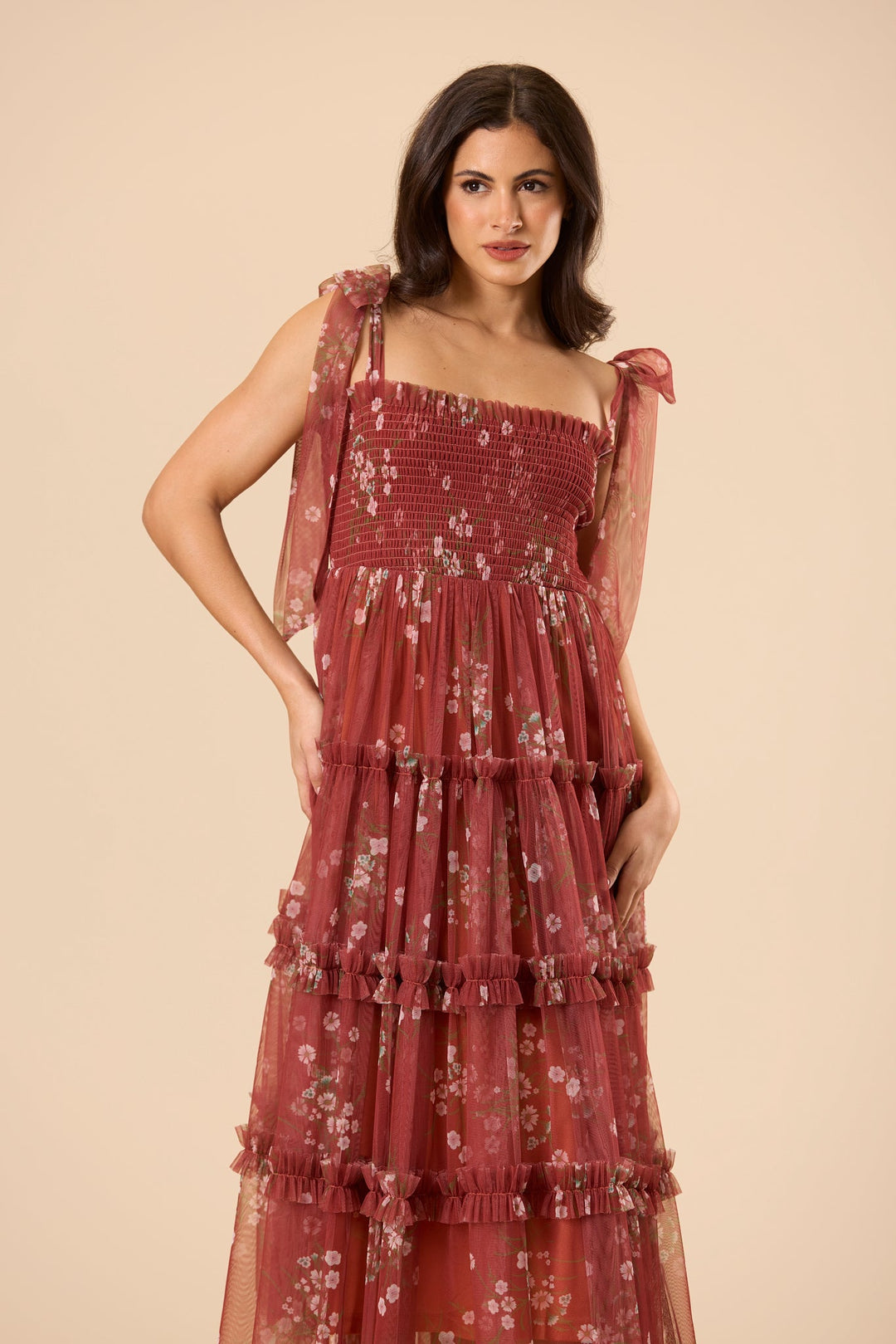 Louise Tulle Midi Dress in Brick Floral for Women