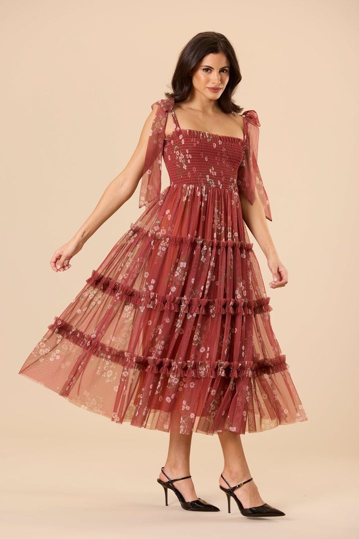 Louise Tulle Midi Dress in Brick Floral for Women - gallery