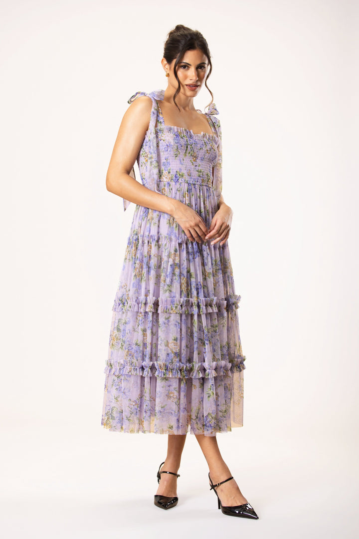 Louise Tulle Midi Dress in Lilac Print for Women