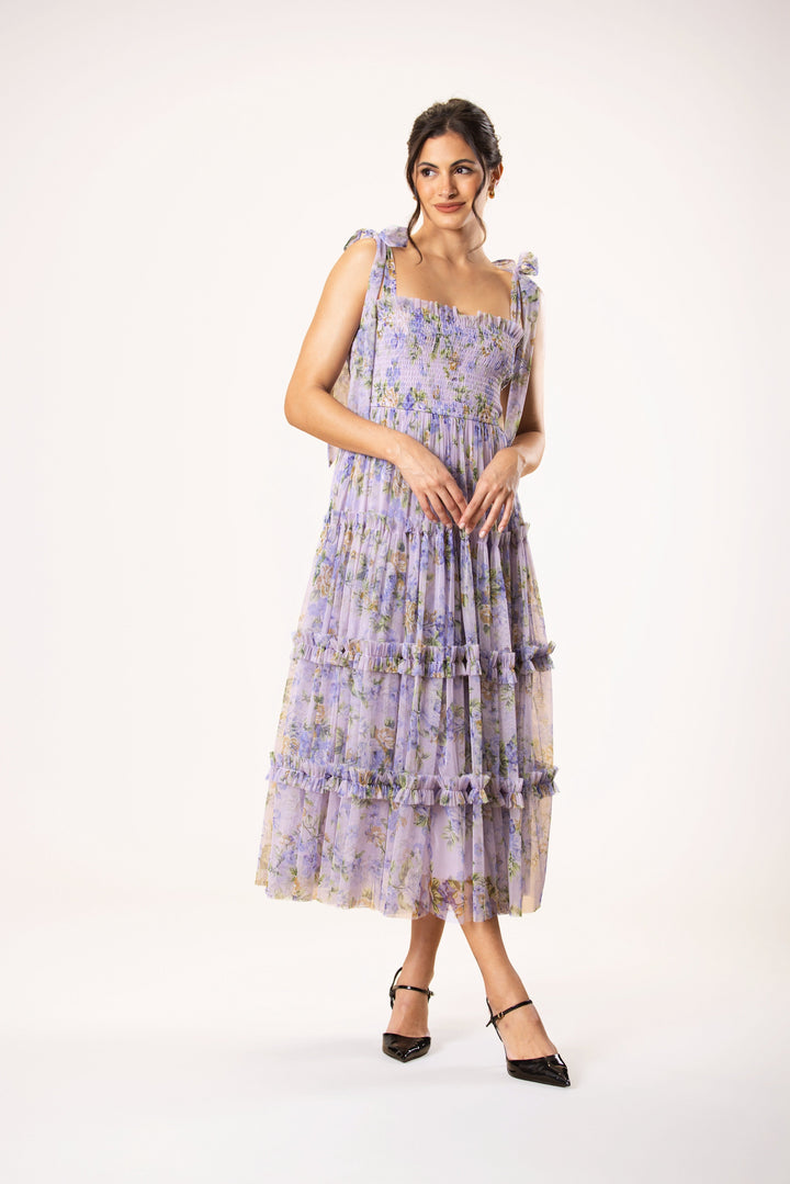 Louise Tulle Midi Dress in Lilac Print for Women - gallery