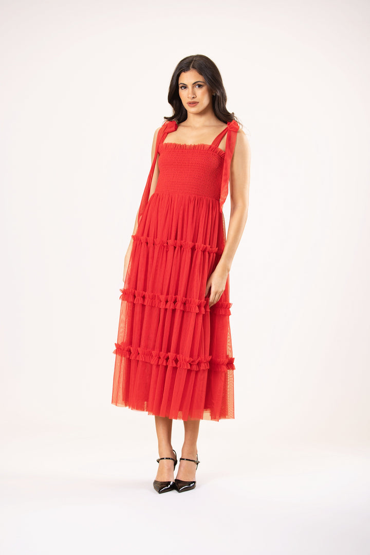 Louise Tulle Midi Dress in Red for Women - gallery
