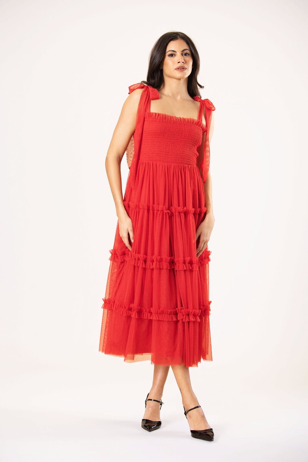 Louise Tulle Midi Dress in Red for Women