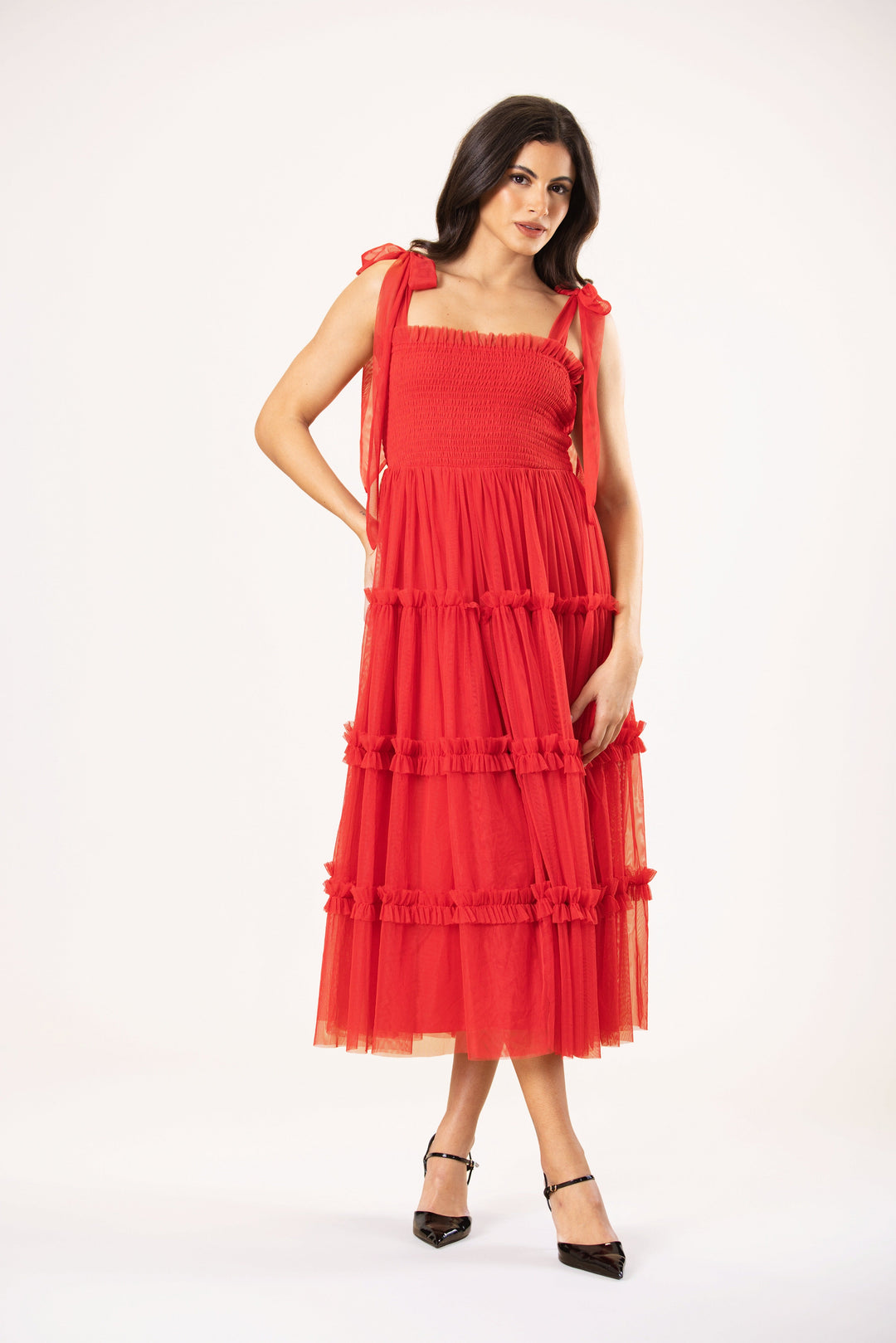 Louise Tulle Midi Dress in Red for Women - gallery