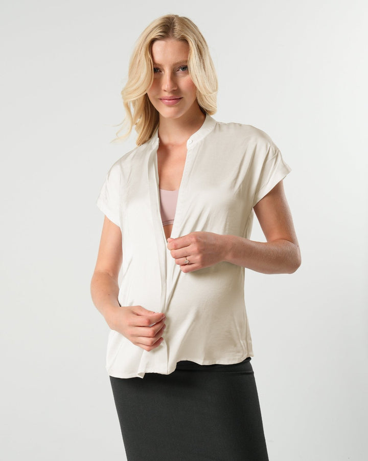Short Sleeve Satin Maternity Shell Top with Concealed Nursing Zip — gallery