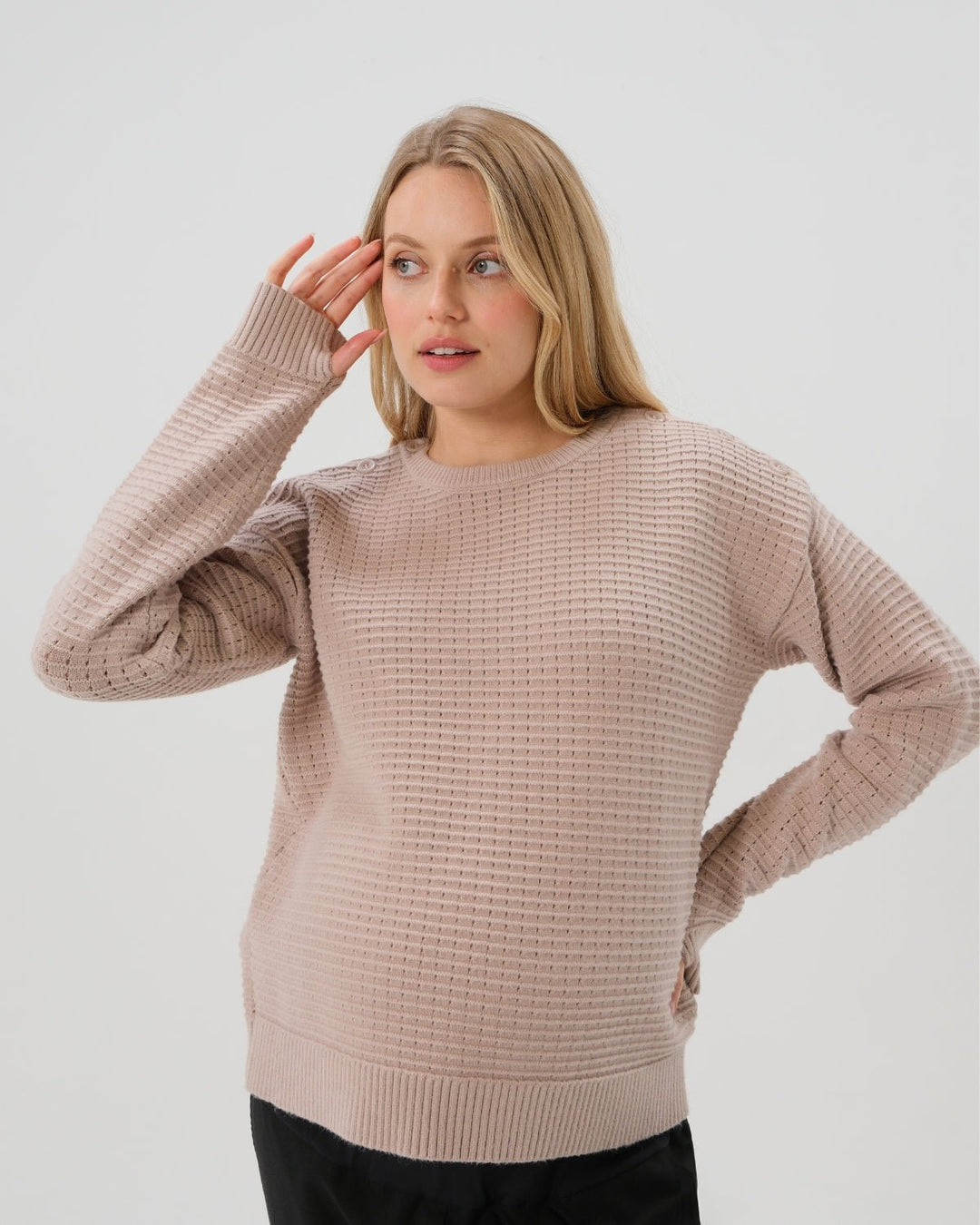 Button-Shoulder Maternity & Nursing Sweater w/Thumbhole Feature — gallery