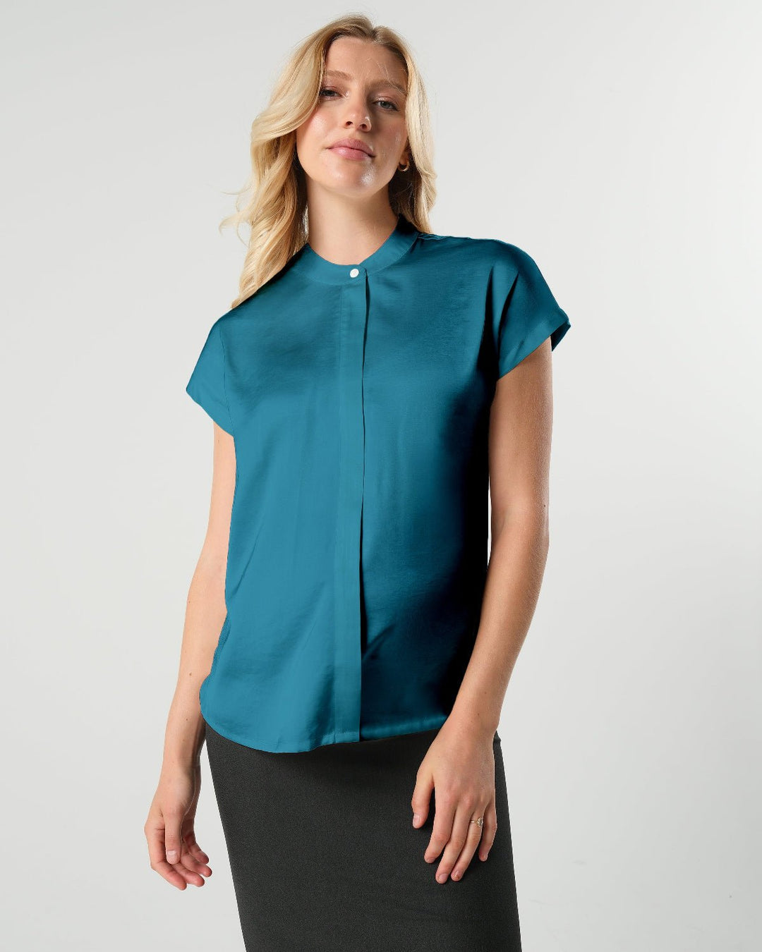 Short Sleeve Satin Maternity Shell Top with Concealed Nursing Zip — gallery