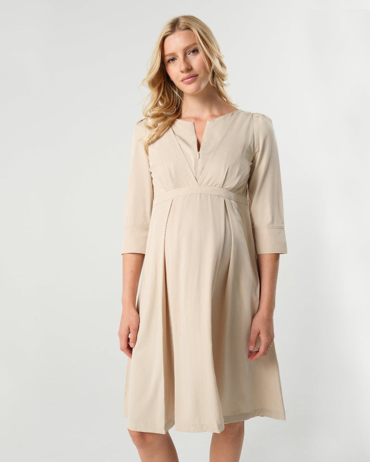 MARION ReNew - Beige Sarah Empire Maternity & Nursing Dress in TENCEL (R...