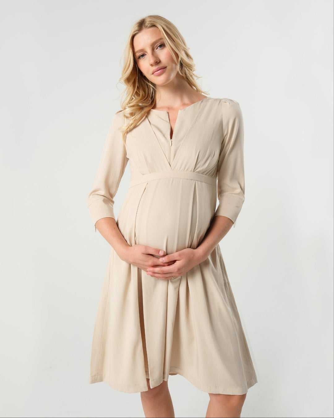 MARION ReNew - Beige Sarah Empire Maternity & Nursing Dress in TENCEL (R... — gallery