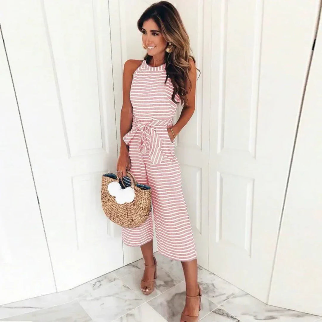 Classic Stripe Halter Jumpsuit with Adjustable Tie Belt