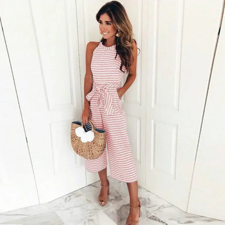 Classic Stripe Halter Jumpsuit with Adjustable Tie Belt