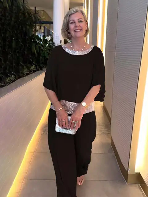 Glittering Evening Top and Palazzo Trousers Set for Women