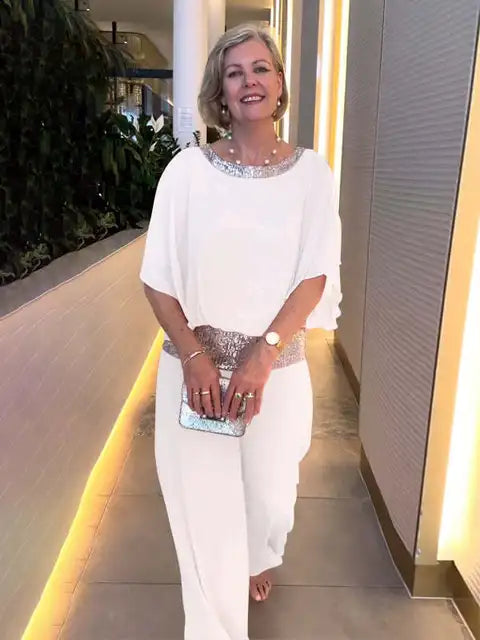 Glittering Evening Top and Palazzo Trousers Set for Women