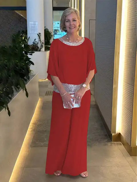 Glittering Evening Top and Palazzo Trousers Set for Women