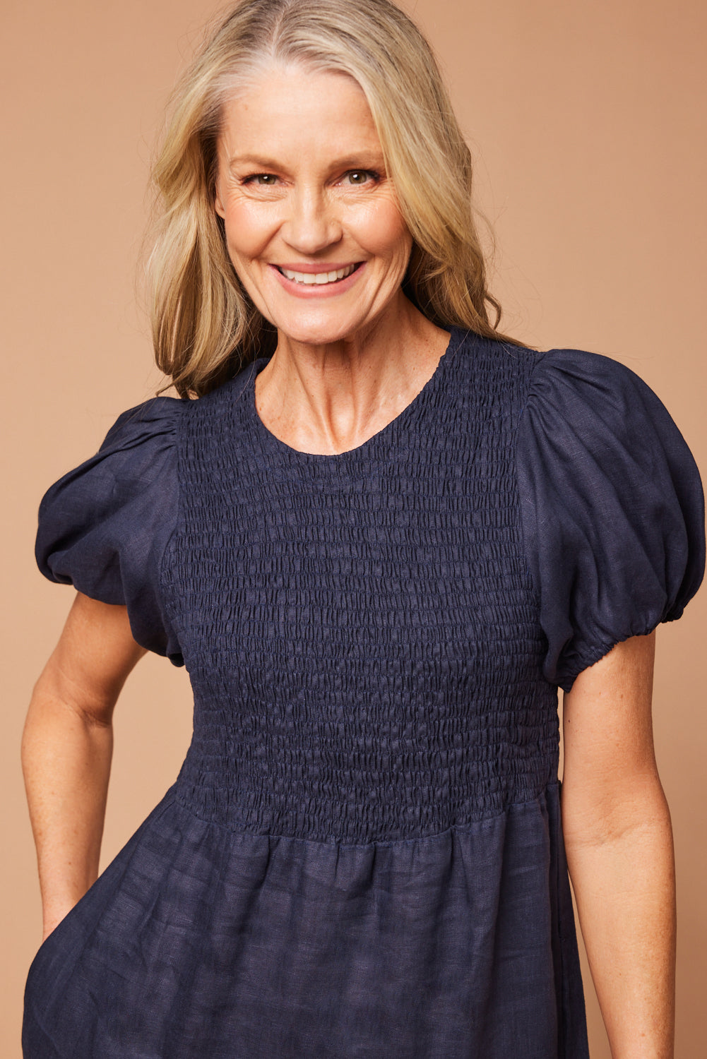 Minden Linen Shirred Short Sleeve Dress in Navy for Women - gallery