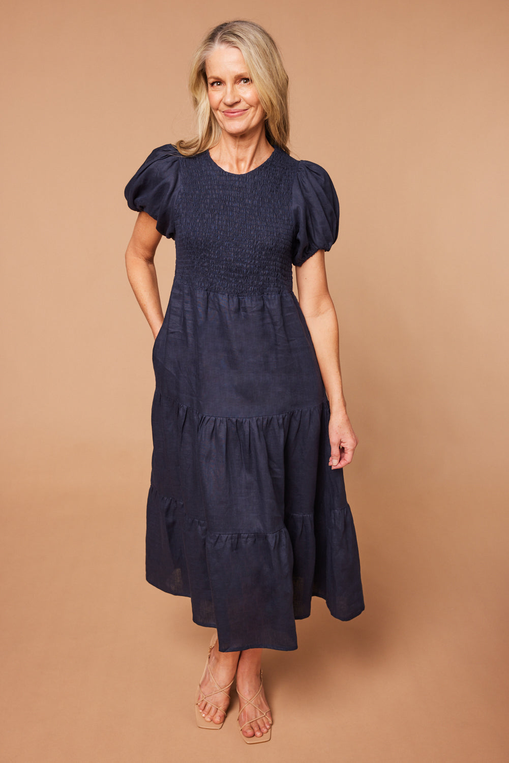 Minden Linen Shirred Short Sleeve Dress in Navy for Women - gallery