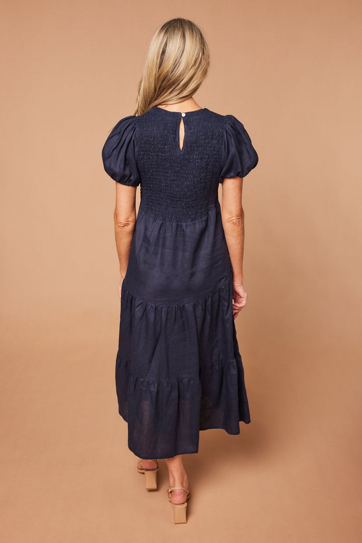 Minden Linen Shirred Short Sleeve Dress in Navy for Women - gallery