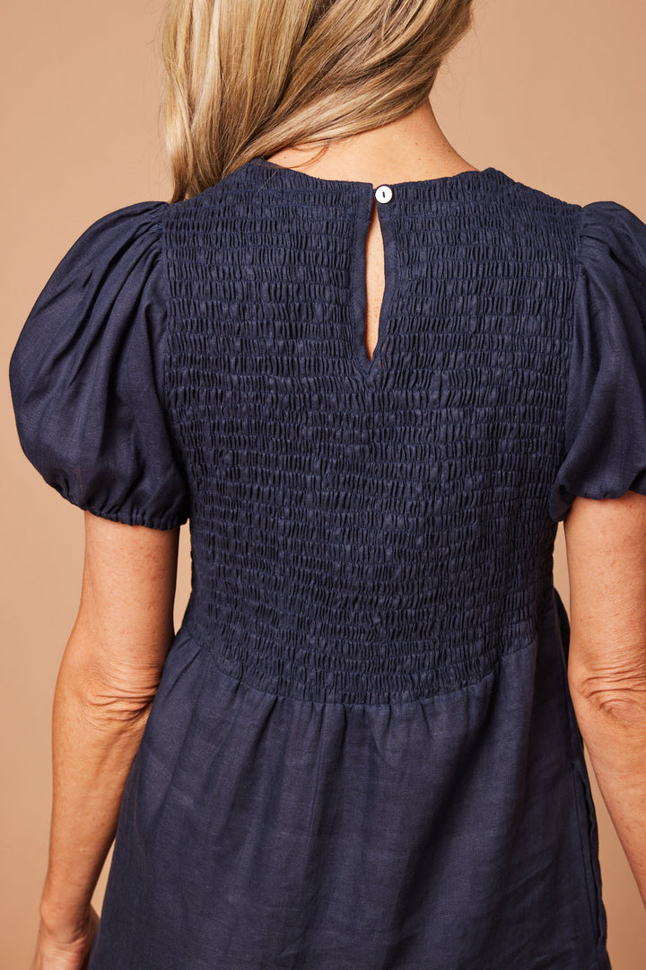 Minden Linen Shirred Short Sleeve Dress in Navy for Women - gallery