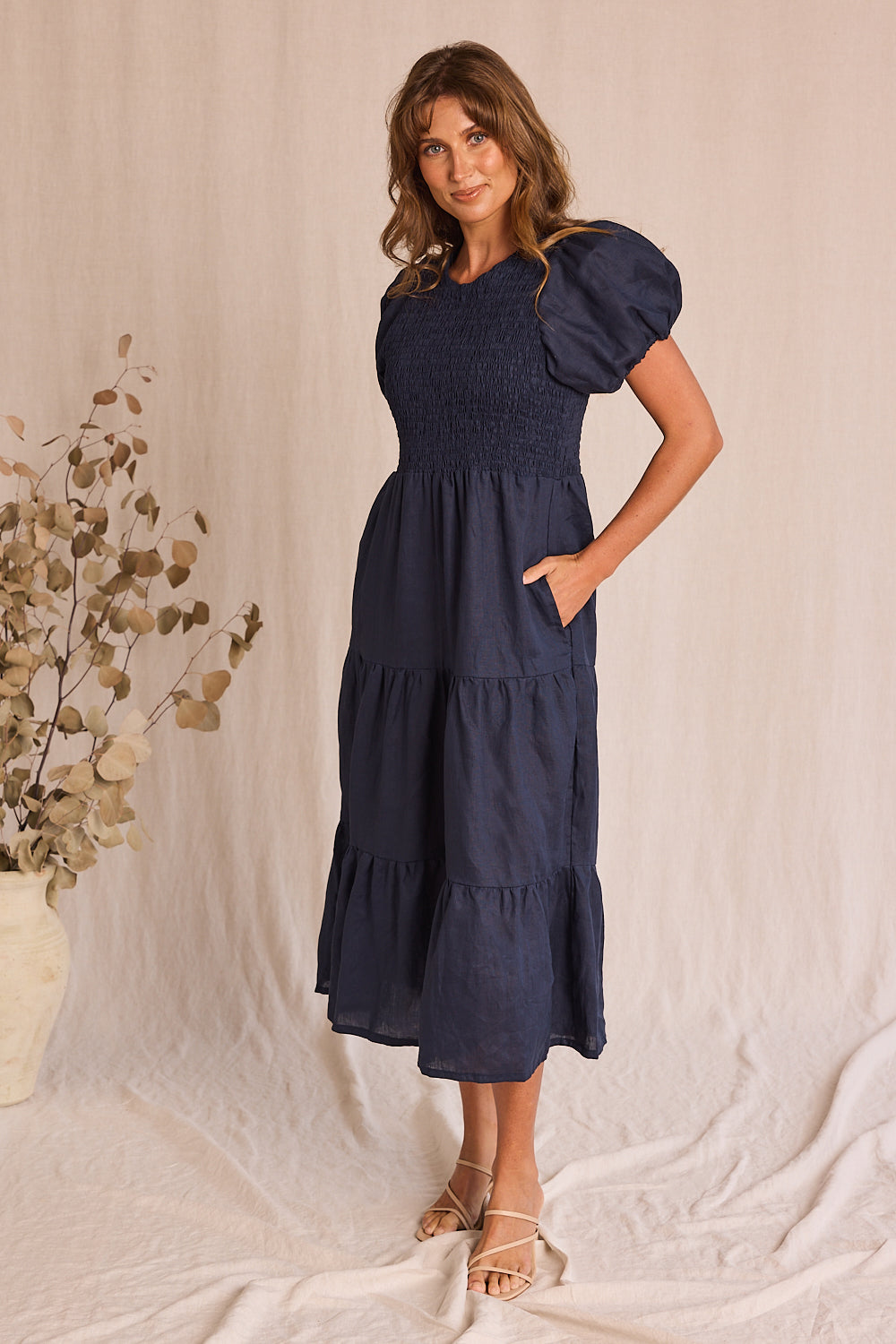 Minden Linen Shirred Short Sleeve Dress in Navy for Women - gallery