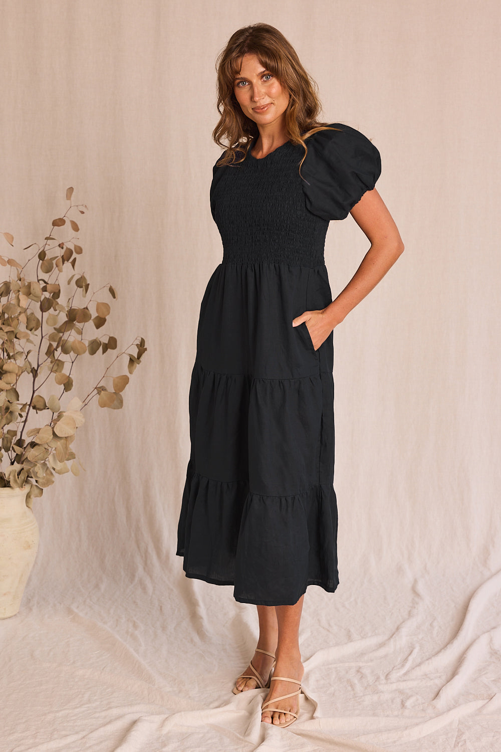 Minden Linen Shirred Short Sleeve Dress in Black — gallery