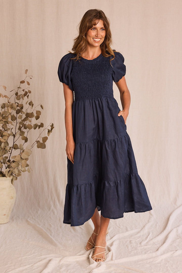 Minden Linen Shirred Short Sleeve Dress in Navy for Women - gallery
