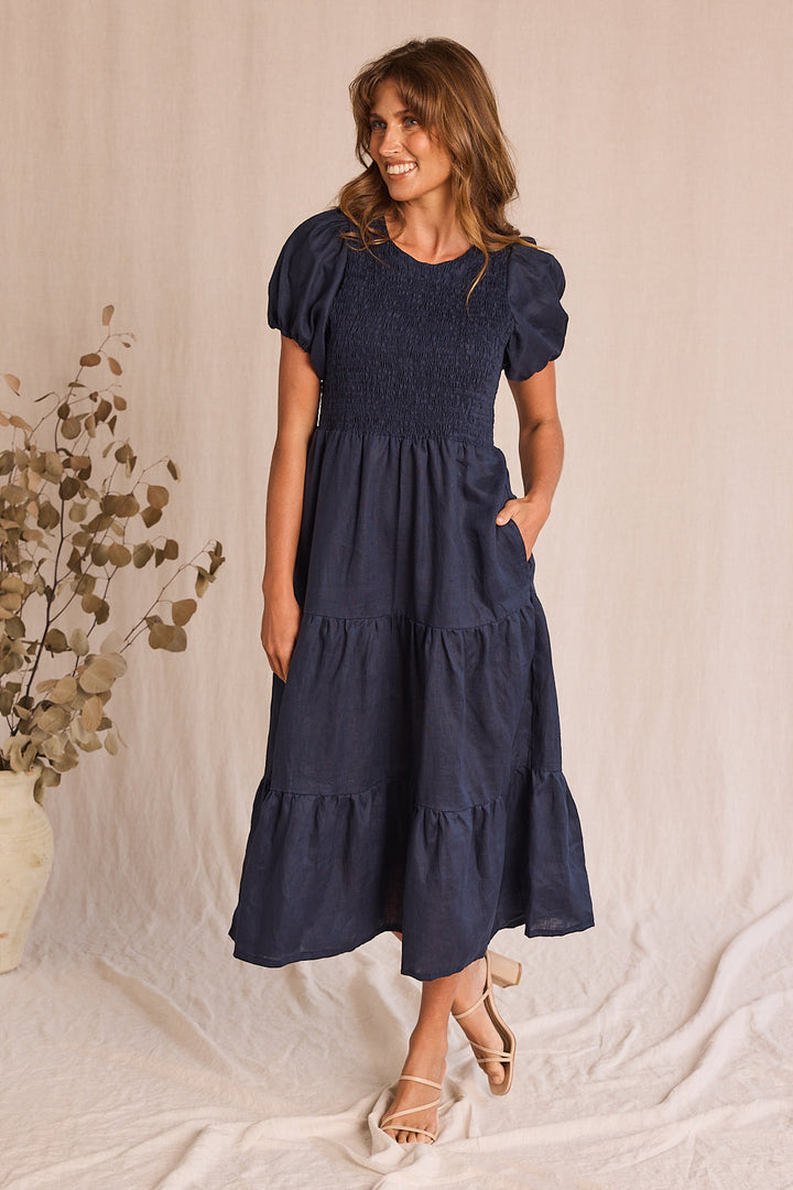 Minden Linen Shirred Short Sleeve Dress in Navy for Women