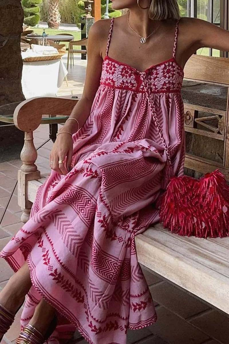 Pink Maxi Boho Dress with Fuchsia Details for Women