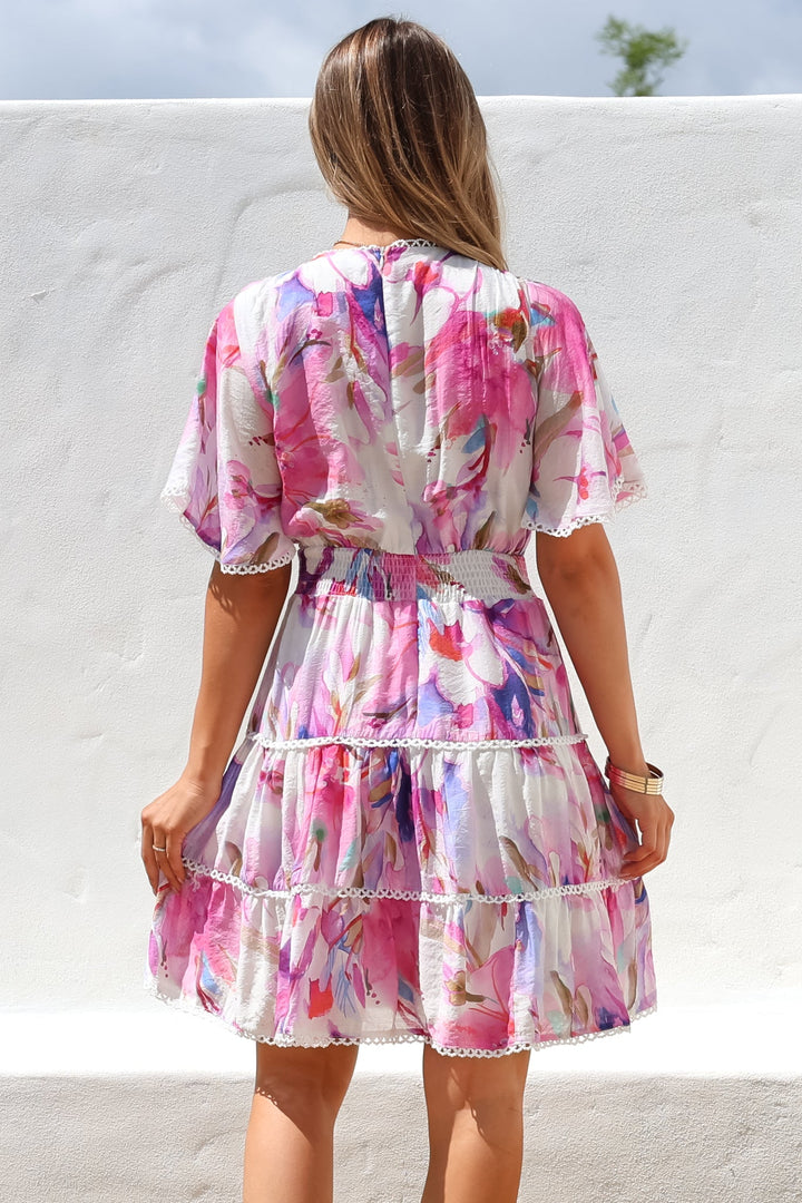 Nessie Mini Dress - Lace Trim Tiered Dress with Flutter Sleeves in Calli... — gallery