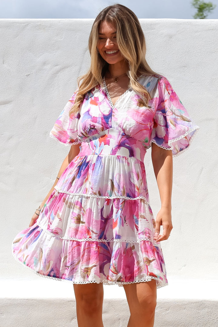 Nessie Mini Dress - Lace Trim Tiered Dress with Flutter Sleeves in Calli... — gallery