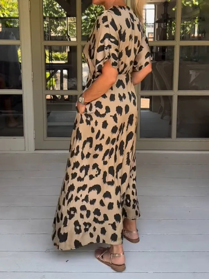 V-Neck Leopard Print Midi Dress with High Waist
