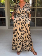 Women's V-Neck Leopard Print Dress Set