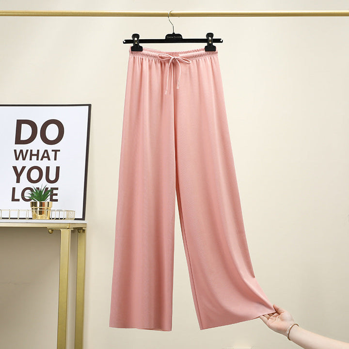 Ice Silk High Waist Wide-Leg Pants Trousers for Women - Pink