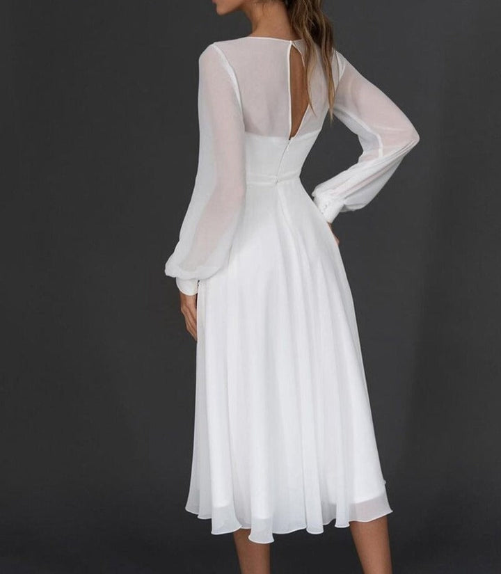 White Chiffon Flutter Dress with Deep V-Neck for Women