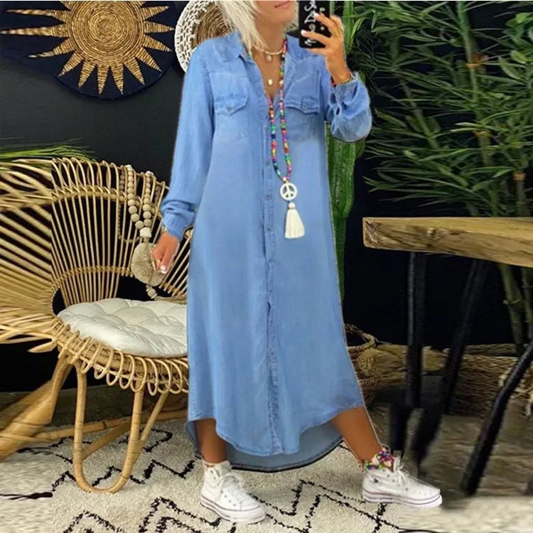 Button-Front Denim Dress with Side Pockets
