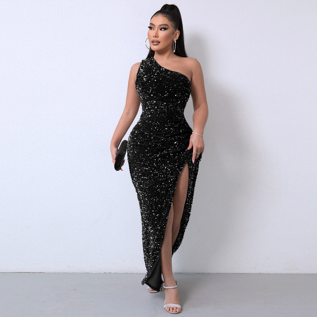 One-Shoulder Sequin Gown with a Dramatic High Slit