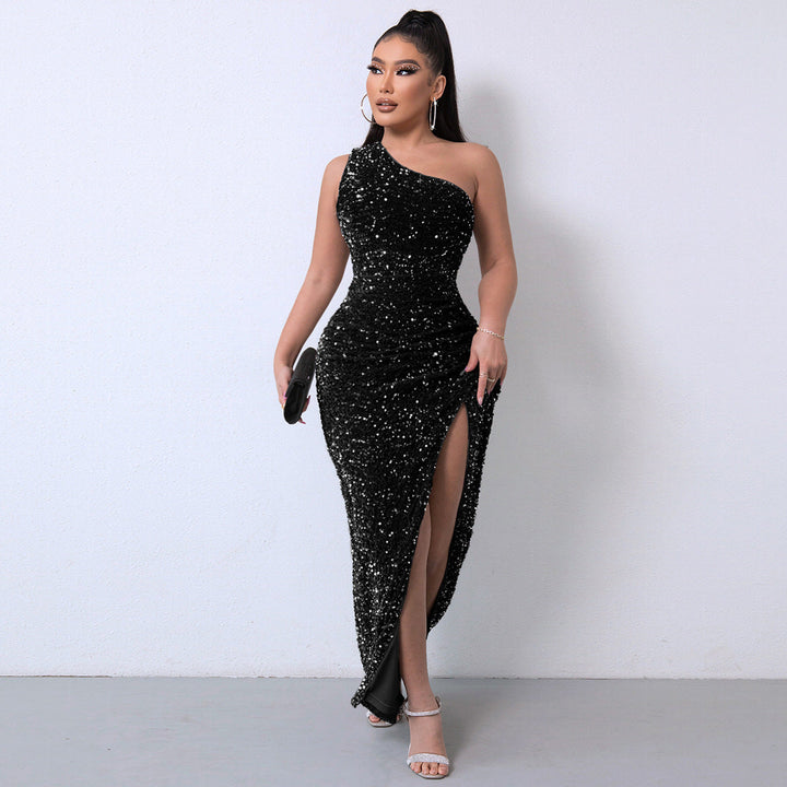 One-Shoulder Sequin Gown with a Dramatic High Slit