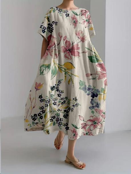 Colourful Floral Print Cotton Dress in Relaxed Fit