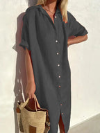 Stylish Women's Casual Dress with Wide Sleeves and Button Accents, Made from Cotton and Linen