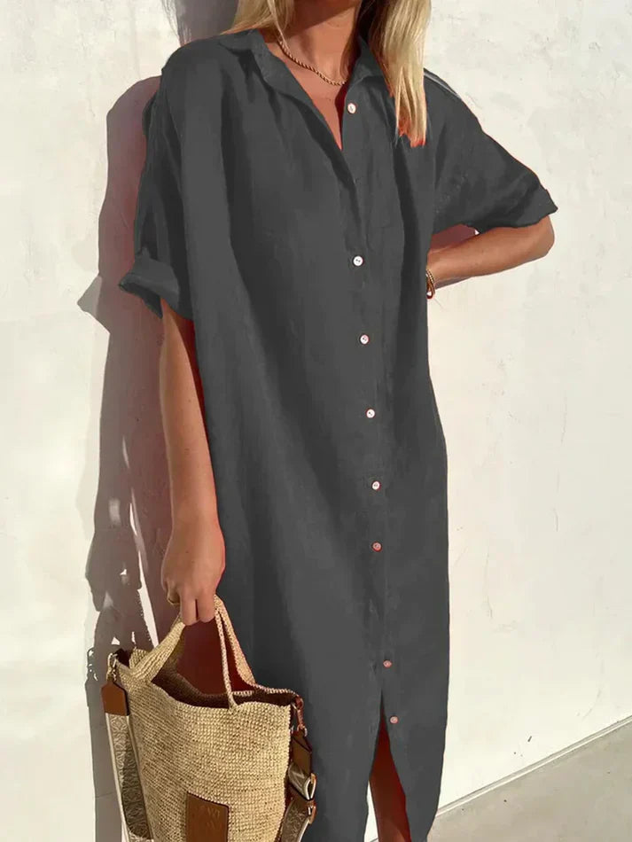 Wide-Sleeve Cotton Linen Dress with Button Accents