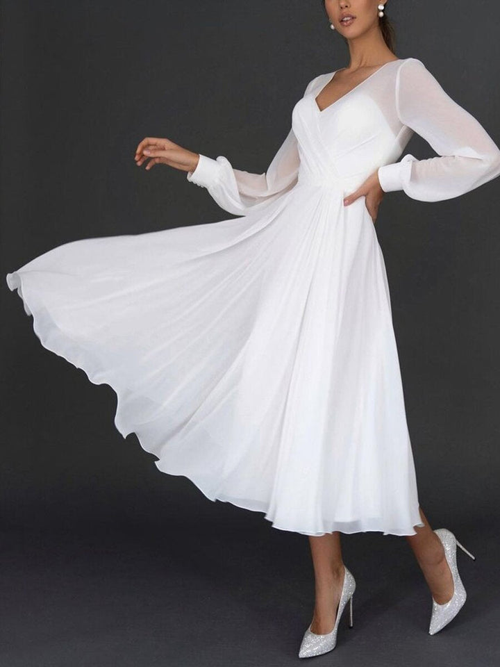 White Chiffon Flutter Dress with Deep V-Neck for Women