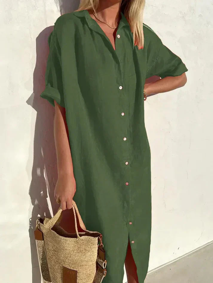 Wide-Sleeve Cotton Linen Dress with Button Accents